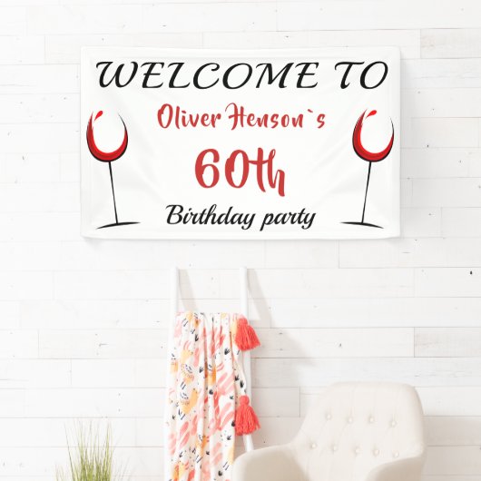 Rode Wijnglas 60e Verjaardagsfeestje Achtergrond Spandoek (Insitu)