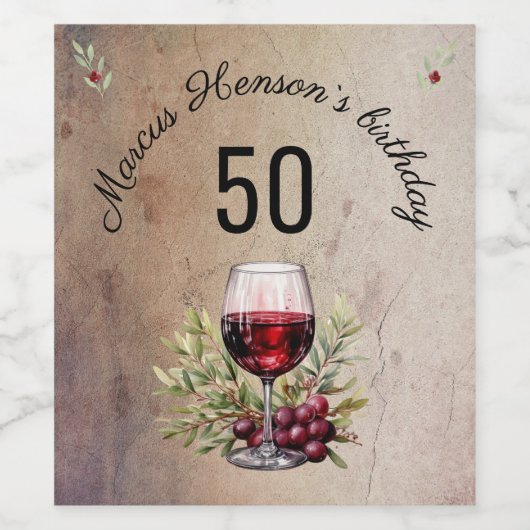 Rode wijnglas olijf Waterverf 50ste verjaardag Wijn Etiket (Enkel label)
