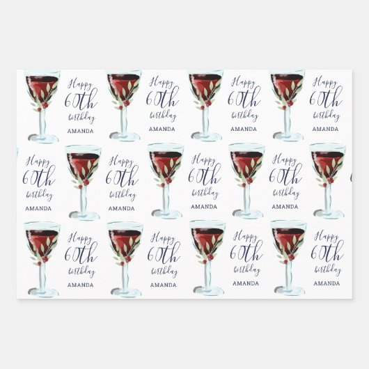 Rode Wijnglas Roos Waterverf 60e Verjaardag Inpakpapier Vel (Voorkant 3)