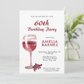 Rode Wijnglas Waterverf 60ste Verjaardagsfeest Kaart (Staand voorkant)