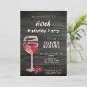 Rode Wijnglas Waterverf Hout 60ste Verjaardagsfees Kaart (Staand voorkant)