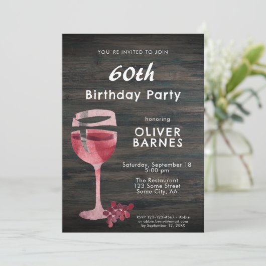 Rode Wijnglas Waterverf Hout 60ste Verjaardagsfees Kaart (Staand voorkant)