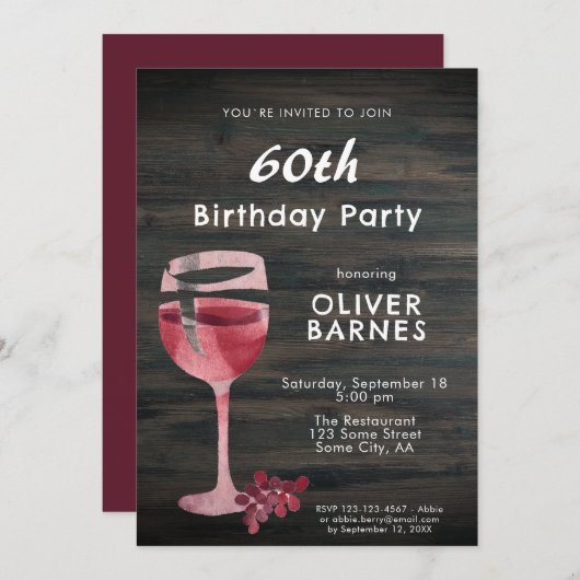 Rode Wijnglas Waterverf Hout 60ste Verjaardagsfees Kaart (Voorkant / Achterkant)