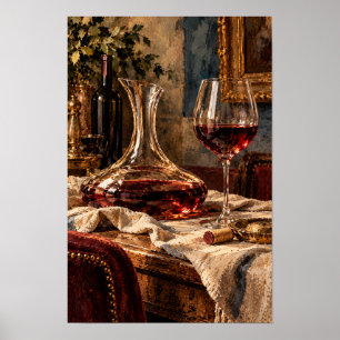 Rode wijnkaraffel en glas – Elegante rustieke wijn Poster