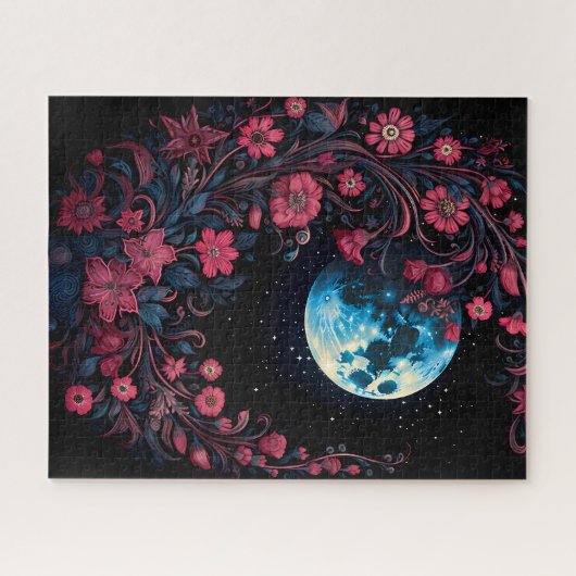 Rode wijnstok bloemen en maan puzzel legpuzzel (Horizontaal)