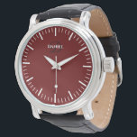 Rode wijzerplaat mannen horloge met zwarte leren b<br><div class="desc">Rode wijzerplaat mannen horloge met zwarte leren band. Creëer uw eigen aangepaste naam luxe jurk horloge. Classy tijdloos horloge wijzerplaat ontwerp met fijne indices inclusief minuten en uren, maar zonder de cijfers. Voeg uw eigen aangepaste monogram, gepersonaliseerde naam, ontwerpernaam, initialen, geboortejaar, logo, icoon, foto afbeelding etc. Verfijnde moderne minimalistische stijl...</div>
