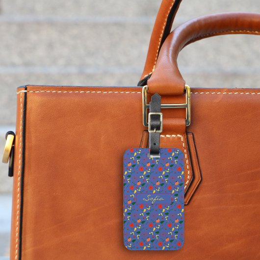 Rode wilde bloemen blauw patroon Bagagelabel