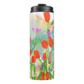 Rode wilde bloemen in de veldwaterkleurThermische  Thermosbeker (Voorkant)