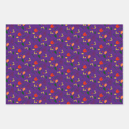 Rode wilde bloemen paars patroonpapier inpakpapier vel