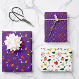 Rode wilde bloemen paars patroonpapier inpakpapier vel