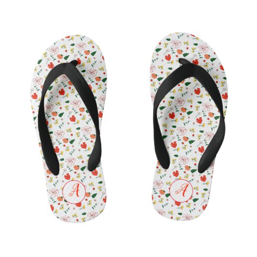 Rode wilde bloemen patroon meisje initiaal kinder teenslippers (Voetbed)