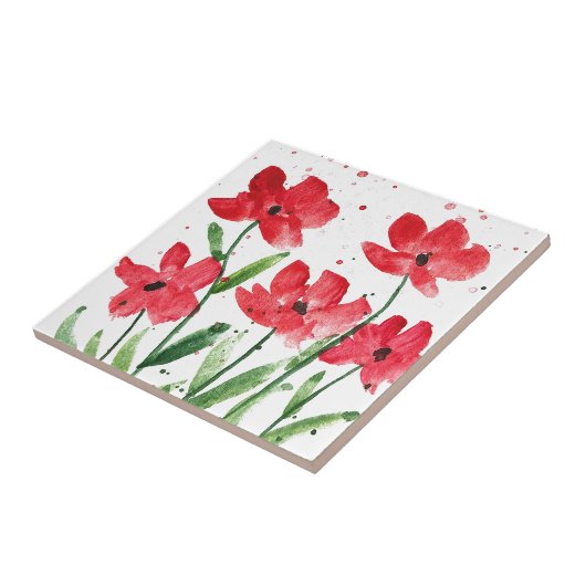 Rode wilde bloemen waterverf Kitchen Rustic Tegeltje (Zijkant)