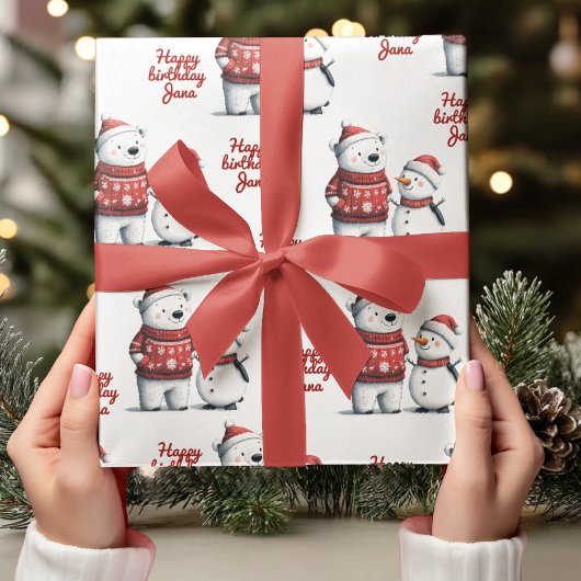 Rode Winter Beer & Sneeuwmannen | winter Cadeaupapier
