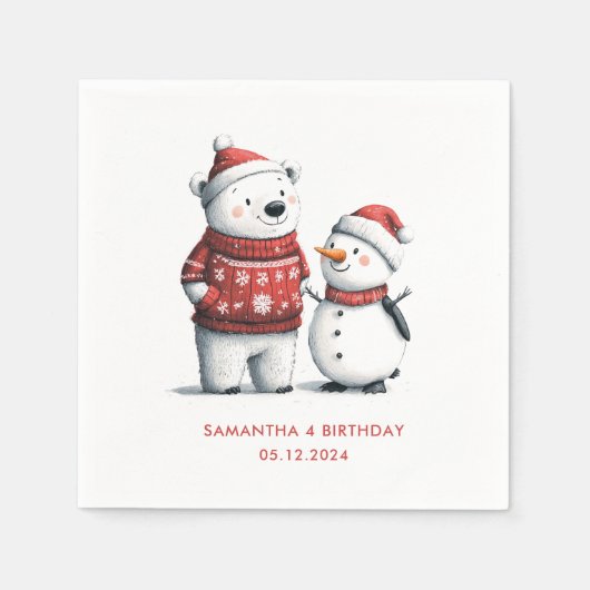 Rode Winter Beer & Sneeuwmannen | Winter Wonderlan Servet (Voorkant)