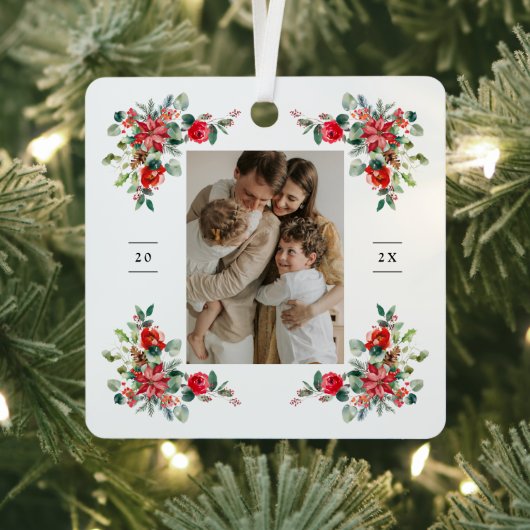 Rode Winter Bloemen Foto Metalen Ornament (Insitu)