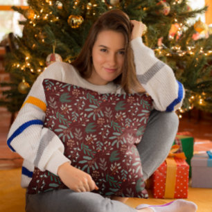 Rode Winter Botanische Patroon Kussen