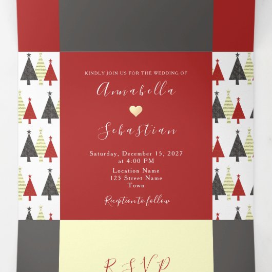 Rode Winter Bruiloft Tri-fold Uitnodiging (Binnenkant midden)