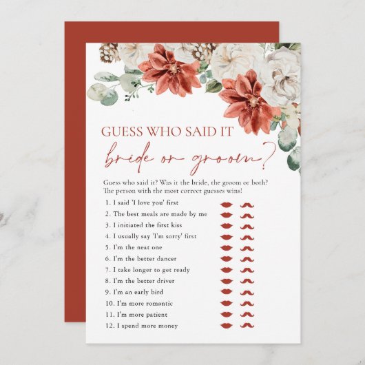 Rode Winter Guess Wie zei het Bruid of bruidegom s Kaart (Voorkant / Achterkant)