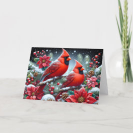 Rode Winter Kardinaal in Poinsettia's Kerstmis Feestdagen Kaart