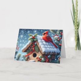 Rode Winter Kardinaal op Vogelhuis Kerstmis Feestdagen Kaart
