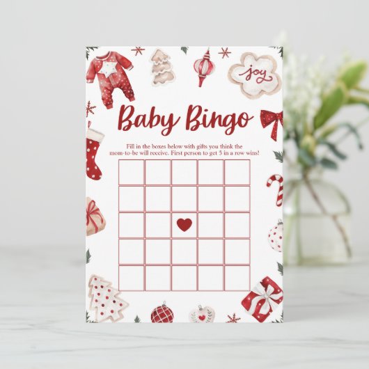 Rode Winter Kerst Baby Bingo Baby shower Spel Kaart (Staand voorkant)