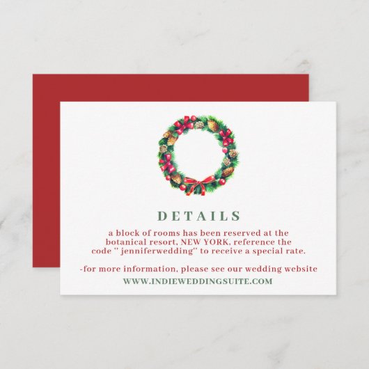 Rode Winter Kerstbal bruiloft Details Kaart (Voorkant / Achterkant)