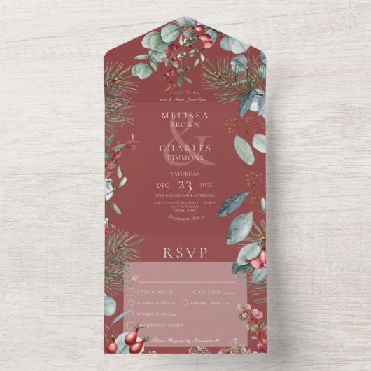 Rode Winter Pine Berries Eucalyptus Drie Diner All In One Uitnodiging (Binnen)