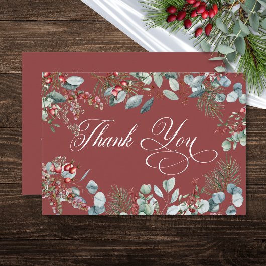 Rode Winter Pine Berries Eucalyptus Wedding Bedankkaart