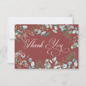 Rode Winter Pine Berries Eucalyptus Wedding Bedankkaart (Voorkant)