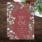 Rode Winter Pine Berries Eucalyptus Wedding Kaart