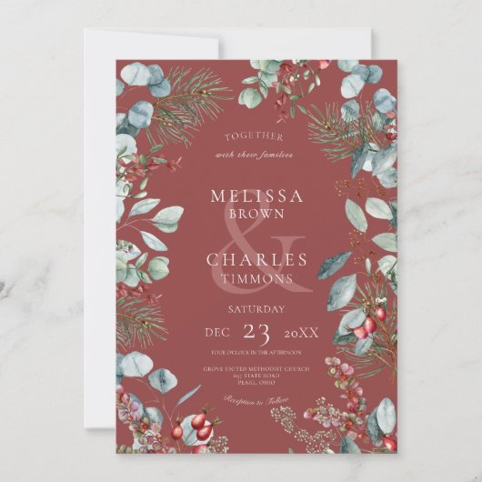 Rode Winter Pine Berries Eucalyptus Wedding Kaart (Voorkant)