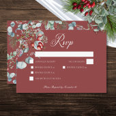 Rode Winter Pine Berries Eucalyptus Wedding RSVP Kaartje