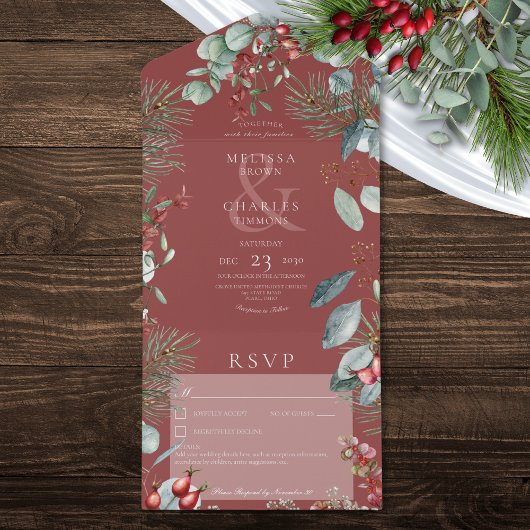 Rode Winter Pine bessen Eucalyptus Geen Diner All In One Uitnodiging