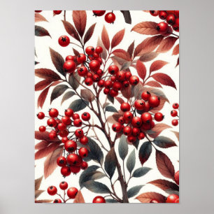 Rode Winterberry Fruit Pattern Waterverf Poster