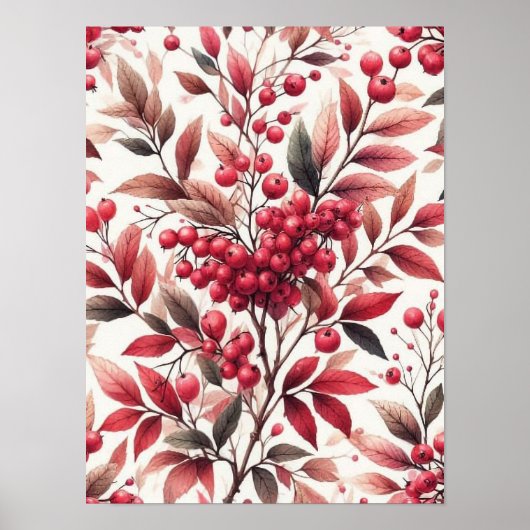 Rode Winterberry fruitpatroon Waterverf Poster (Voorkant)