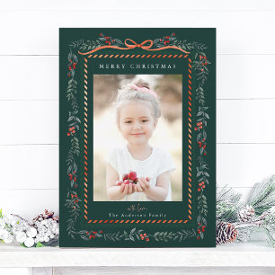 Rode Winterberry Lijst Groene Kerstfoto Feestdagenkaart