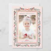 Rode Winterberry Lijst Roze Kerstfoto Feestdagenkaart (Voorkant)