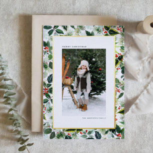 Rode winterbes met bonte bladeren Kerstmis Folie Feestdagenkaart