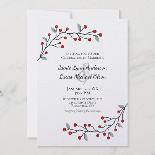 Rode winterbessen eenvoudig elegante bruiloft kaart (Voorkant)