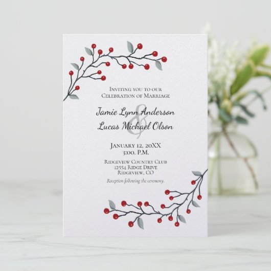 Rode winterbessen eenvoudig elegante bruiloft kaart (Staand voorkant)