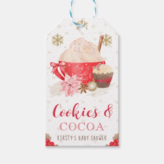 Rode Winterkoekjes en Cacaobabyshower Cadeaulabel (Voorkant)
