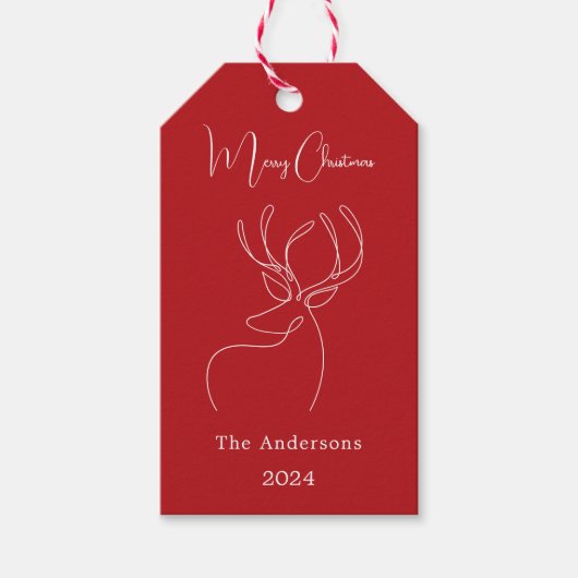 Rode witte abstract rendier moderne Kerstmis Cadeaulabel (Voorkant)