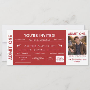 Rode & Witte Afstudeerkaart Nep Ticket    Uitnodig Kaart