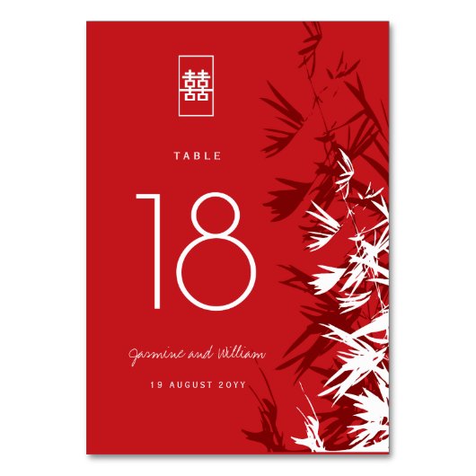 Rode & Witte Bamboe Bladeren Dubbel Geluk Huwelijk Kaart (Achterkant)