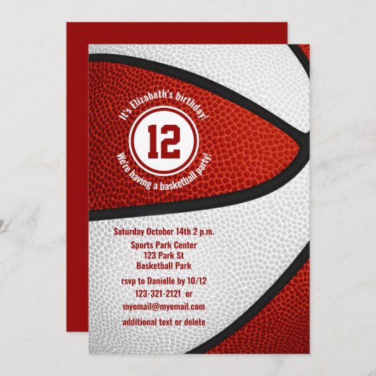 rode witte basketbal jongens verjaardagsfeest kaart (Voorkant / Achterkant)