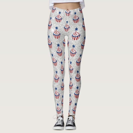 Rode, Witte, Blauwe 4 Juli Cupcake Glitter Leggings (Voorkant)