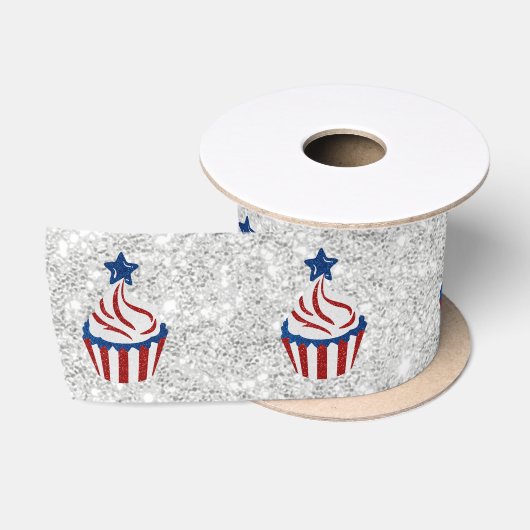 Rode, Witte, Blauwe 4 Juli Cupcake Glitter Satijnen Lint (Spoel)