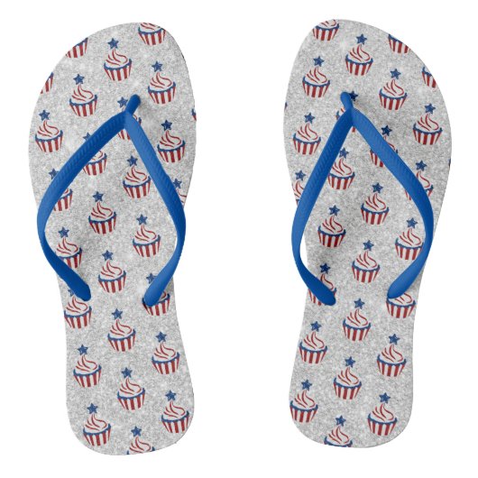 Rode, Witte, Blauwe 4 Juli Cupcake Glitter Teenslippers (Voetbed)