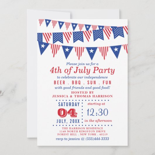 Rode, Witte & Blauwe Buntingvlaggen 4e Juli Feestj Kaart (Voorkant)