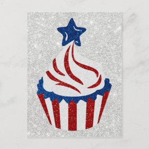 Rode, Witte & Blauwe Cupcake 4 juli Glitter Briefkaart